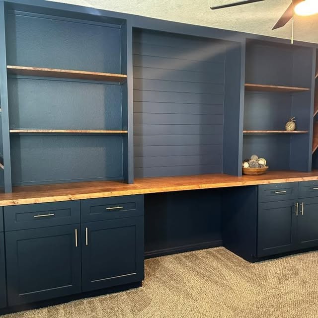 Blue built-in shelving
